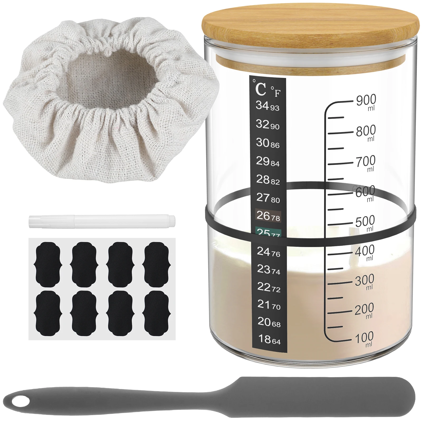 Sourdough Starter Jar Kit 900ml Sourdough Starter Container Clear Glass Sourdough Starter Cup Wide Mouth with Wooden Lid Durable