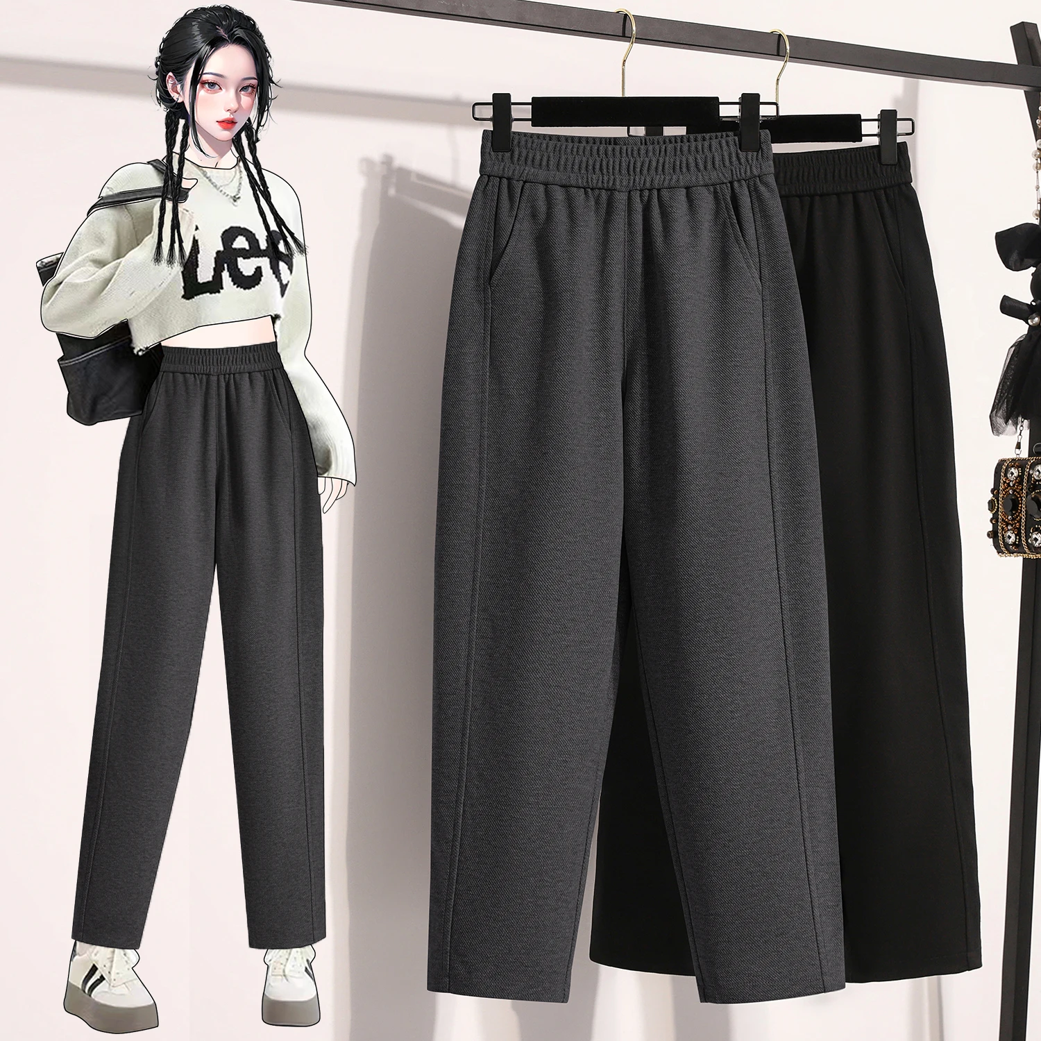 

Женские повседневные спортивные брюки больших размеров с высокой талией, прямые брюки-шаровары для весны и осени, новинка, стройнящие, визуально уменьшающие объемы