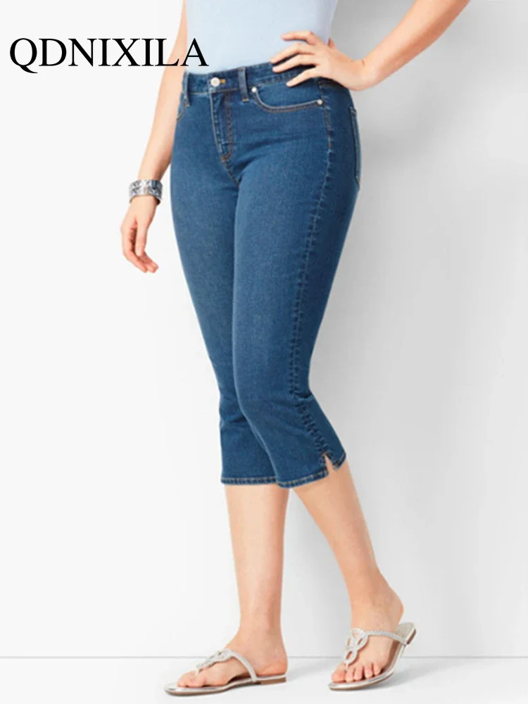Woman\'s Jeans Black Denim Pants Ladies Cropped Trousers Skinny Knee Length Jeans Women Elastic High Waist Mom Jeans Oversize