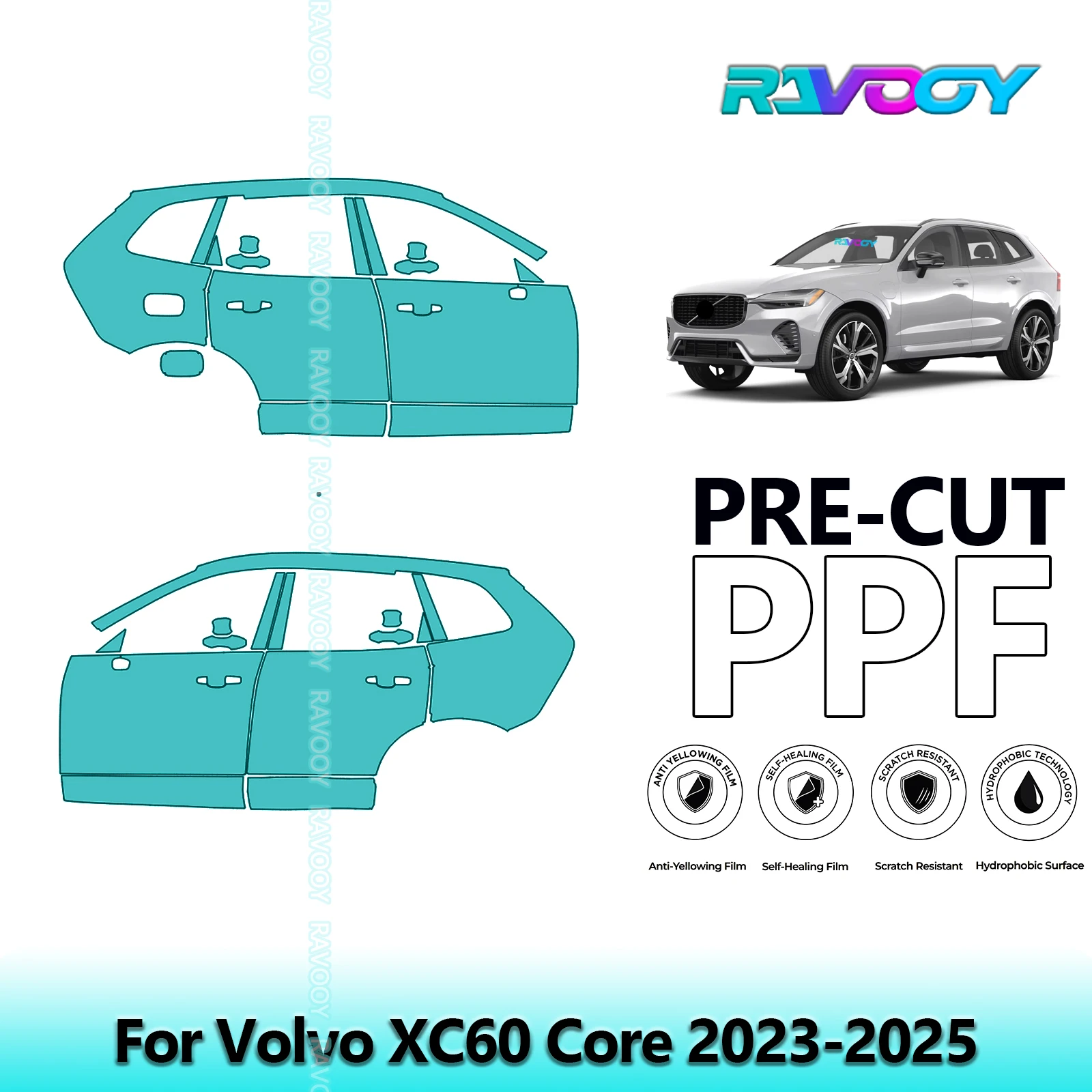 

For Volvo XC60 Core 2023-2025 8.5mil Clear Matte Pre-Cut PPF Door & A/B Pillar Kit TPU Paint Protection Film Set