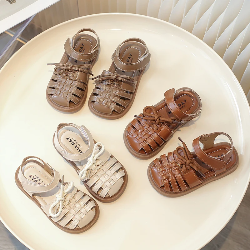 

2022 New Vintange Weave Solid Girl's Sandals Closed Toe Sandals for Girl Kids Baby Flat Girls Sandals Summer Kids Shoes F02234