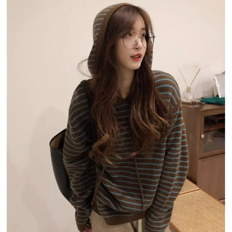 Vintage Striped Brown Sweater Women Harajuku Korean Style Knit Tops Hoodies Oversize Casual Female Long Sleeves Pullover Jumper