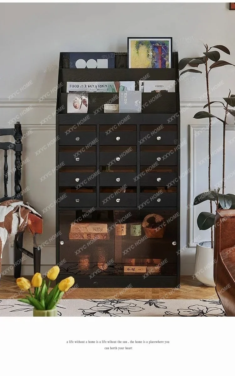 

Black retro solid wood magazine cabinet living room multi-lattice drawer storage cabinet solid wood vertical cabinet