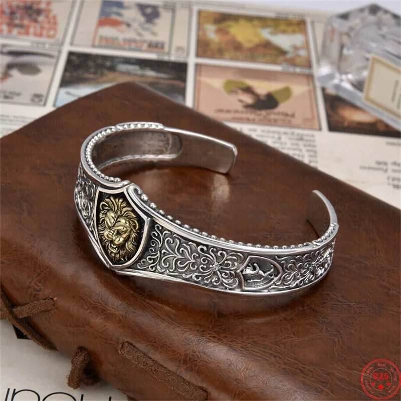 

S925 Sterling Silver Charms Charms for Women Men Retro Eternal Rattan Pattern Emboss Lion Heads Bangle Fashion Jewelry Wholesale