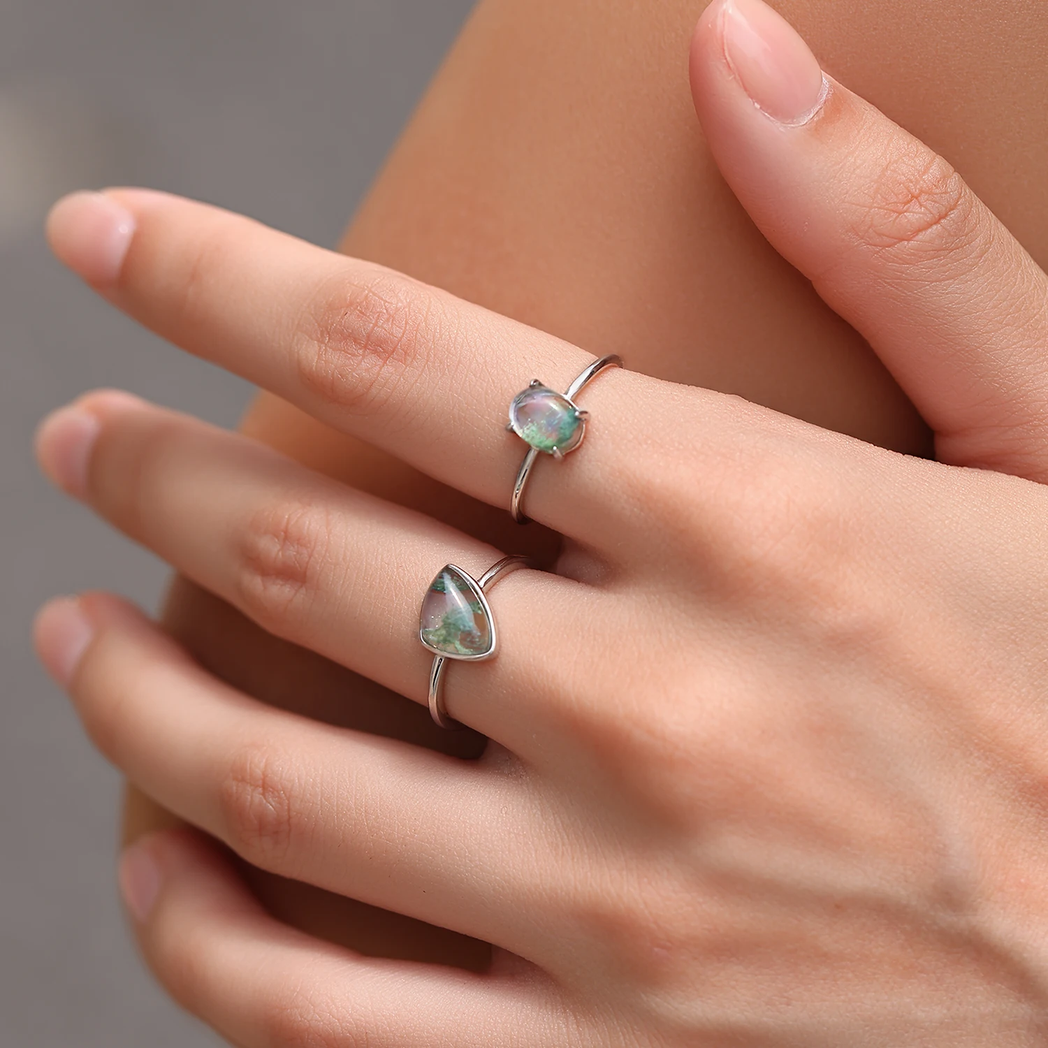MODIAN 925 Sterling Silver Triangle Moss Agate Ring Bezel Set Solitaire Dainty Thin Band Stackable Finger Ring For Women Jewelry - view 3