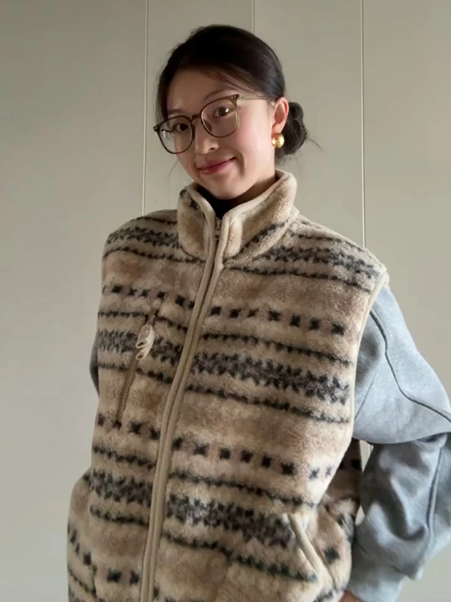 Retro Fair Isle Lamb Fur Vest Women's Autumn Winter New Sle High-End Feelings Layering Svel Top Coat