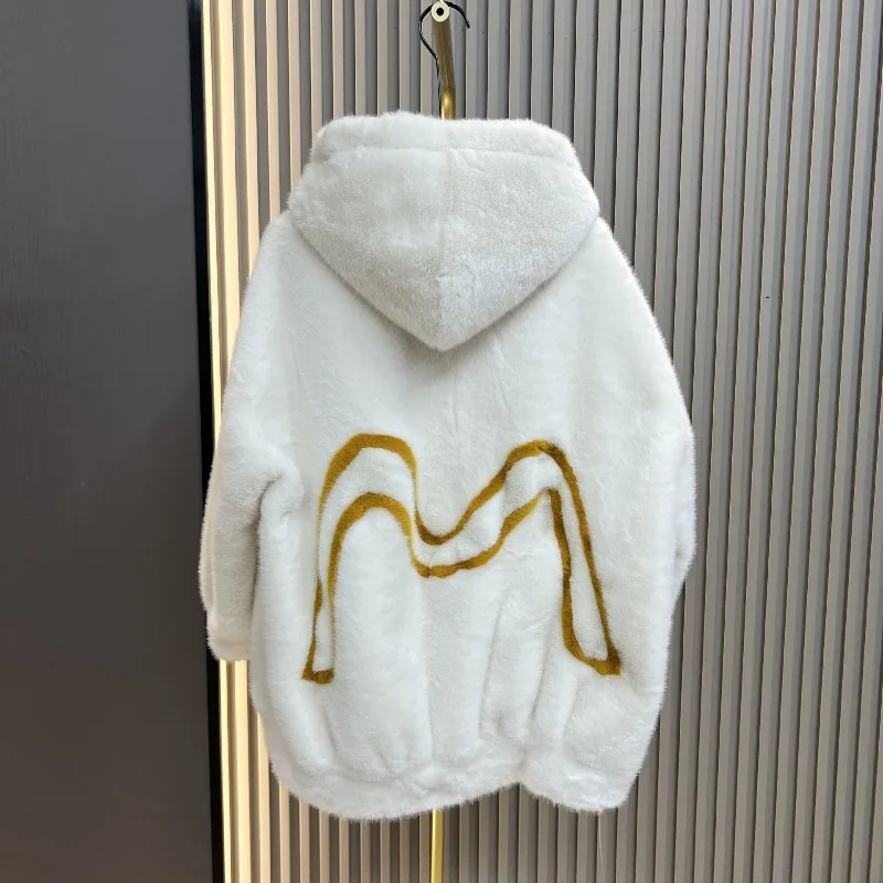 Winter 2025 New European Mink Velvet Color Block Hooded Casual Cartoon Pattern Zipper Jacket Women's Faux Fur Coat Furry Sweater