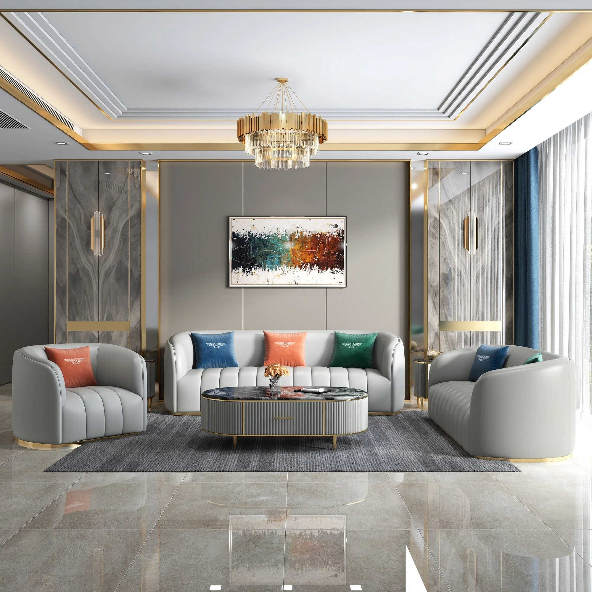Business and Commercial Office Sofa Combination Simple Living Room Office Reception Italian Leather Sofa