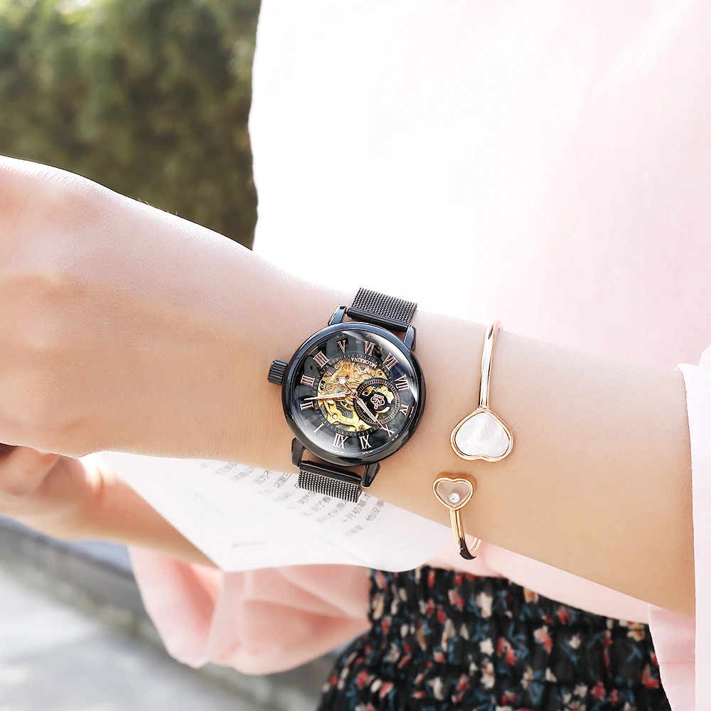 ORKINA Fashion Black Women Mechanical Wristwatches New Creative Automatic Bracelet Mesh Strap Luxury Ladies Watches Reloj Mujer