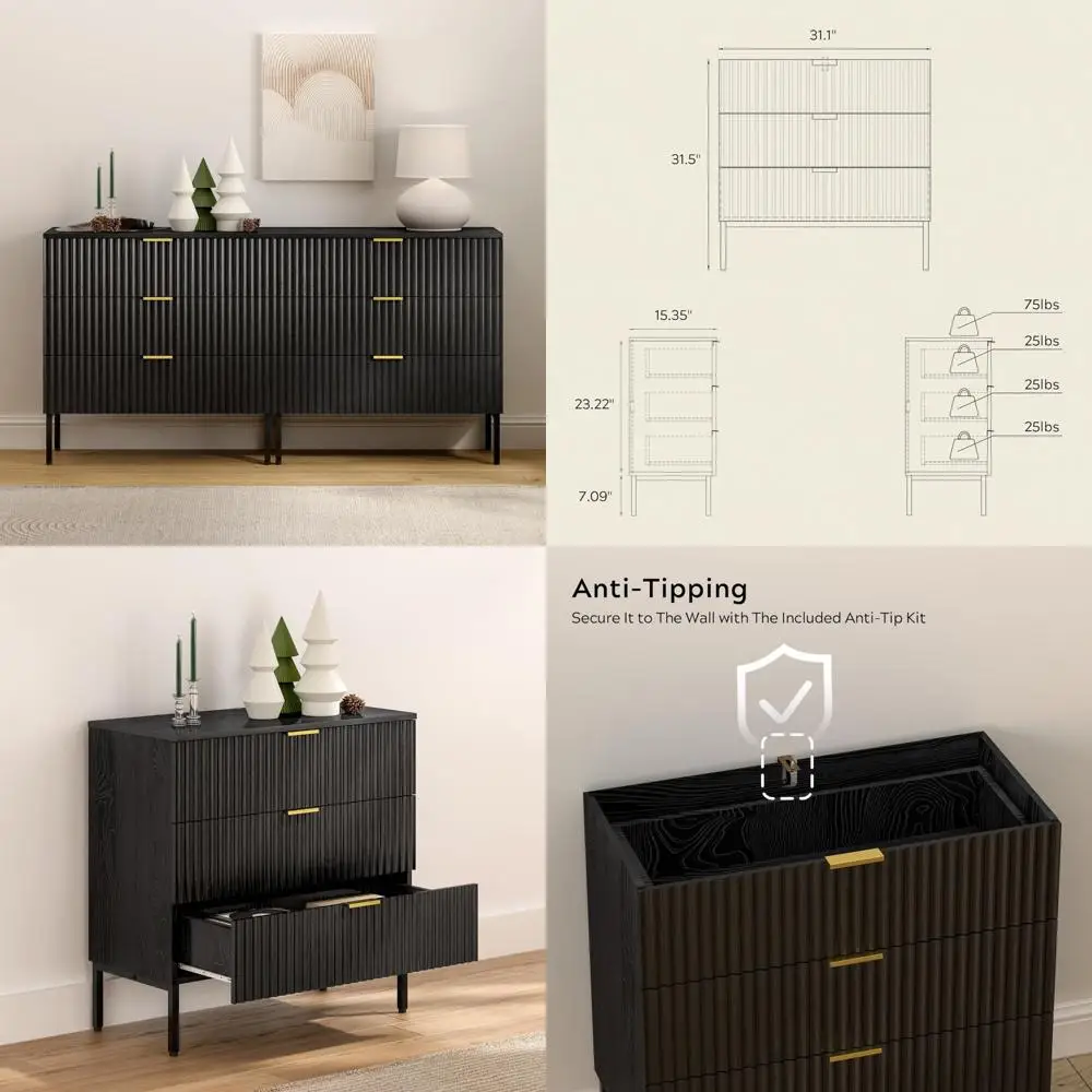 par de cômodas modernas com gavetas caneladas com 3 gavetas, baús de madeira com pernas e puxadores de metal