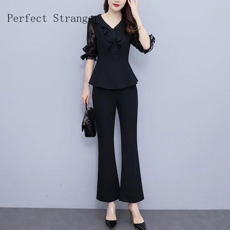 2024 Oversize Patchwork Pant Sets For Women Office Lady Outfits New Casual Elegant Lace Hollow Out Pantsuits High Quality Black