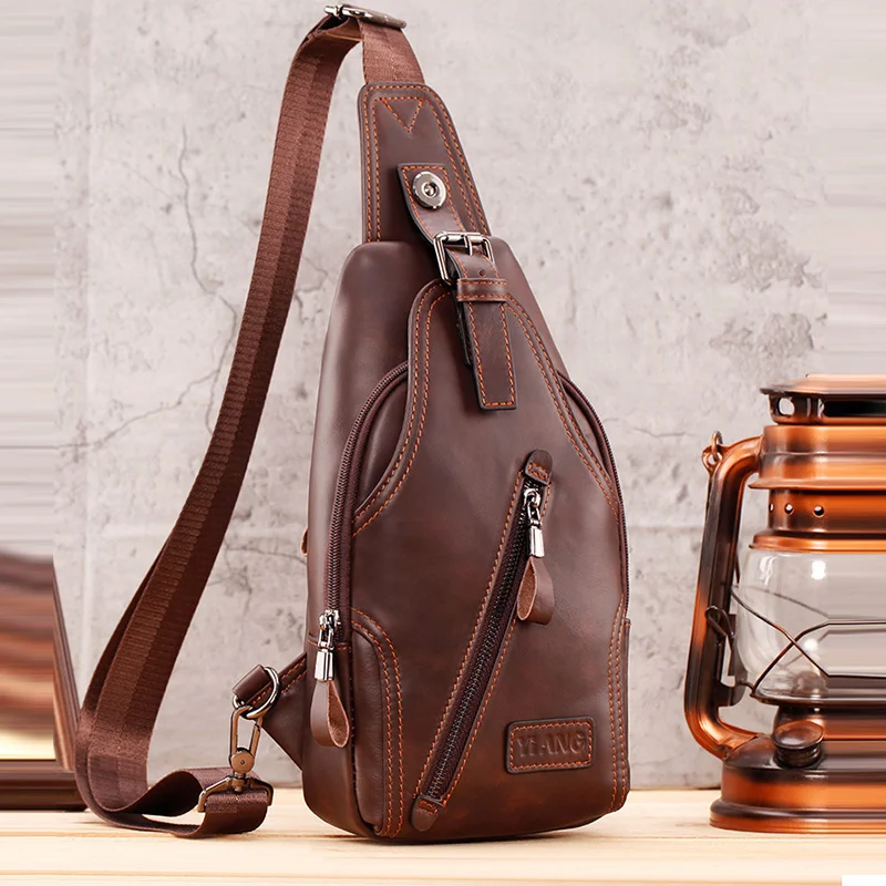 

Genuine Leather Cross body Shoulder Bag For Men Chest Pack Retro Travel Real Cowhide Male Sling Backpack Side Messenger Bags