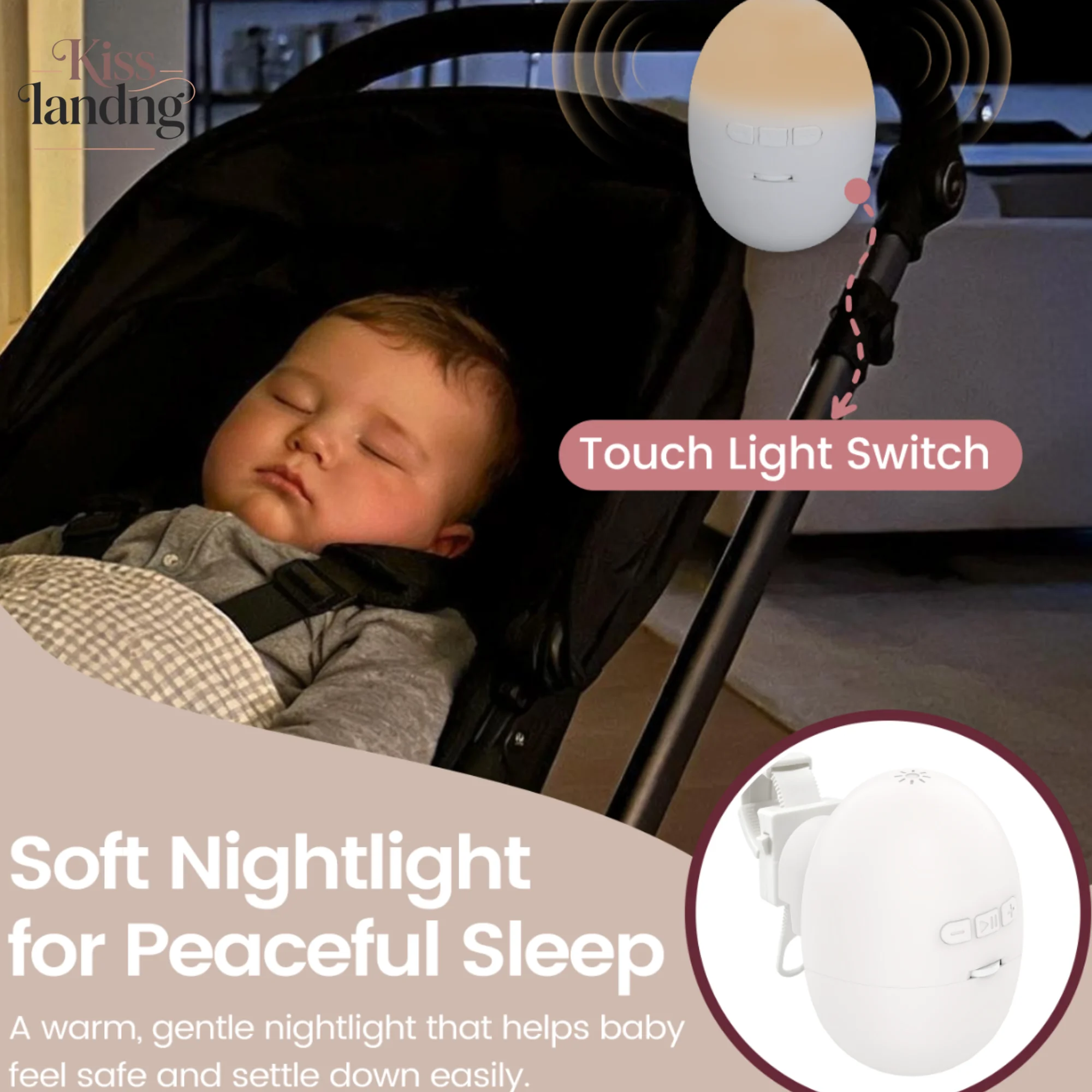 Portable Baby White Noise Sound Machine,3 Modes Vibration Night Light Sleep Soother with Adjustable Clip for Stroller Cradle Bed