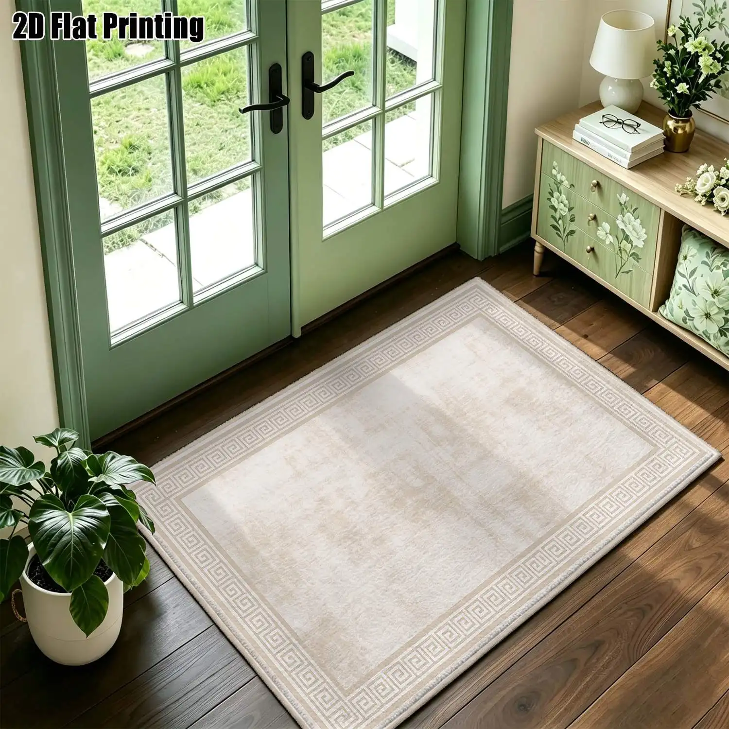 1Pc 2D Printed Beige Retro Geometric Border Carpet, European Style, Modern Minimalist, Home Decoration Carpet, Machine Washable, Multi-Size, for Entrance, Living Room, Bedroom, Dining Room, Foyer