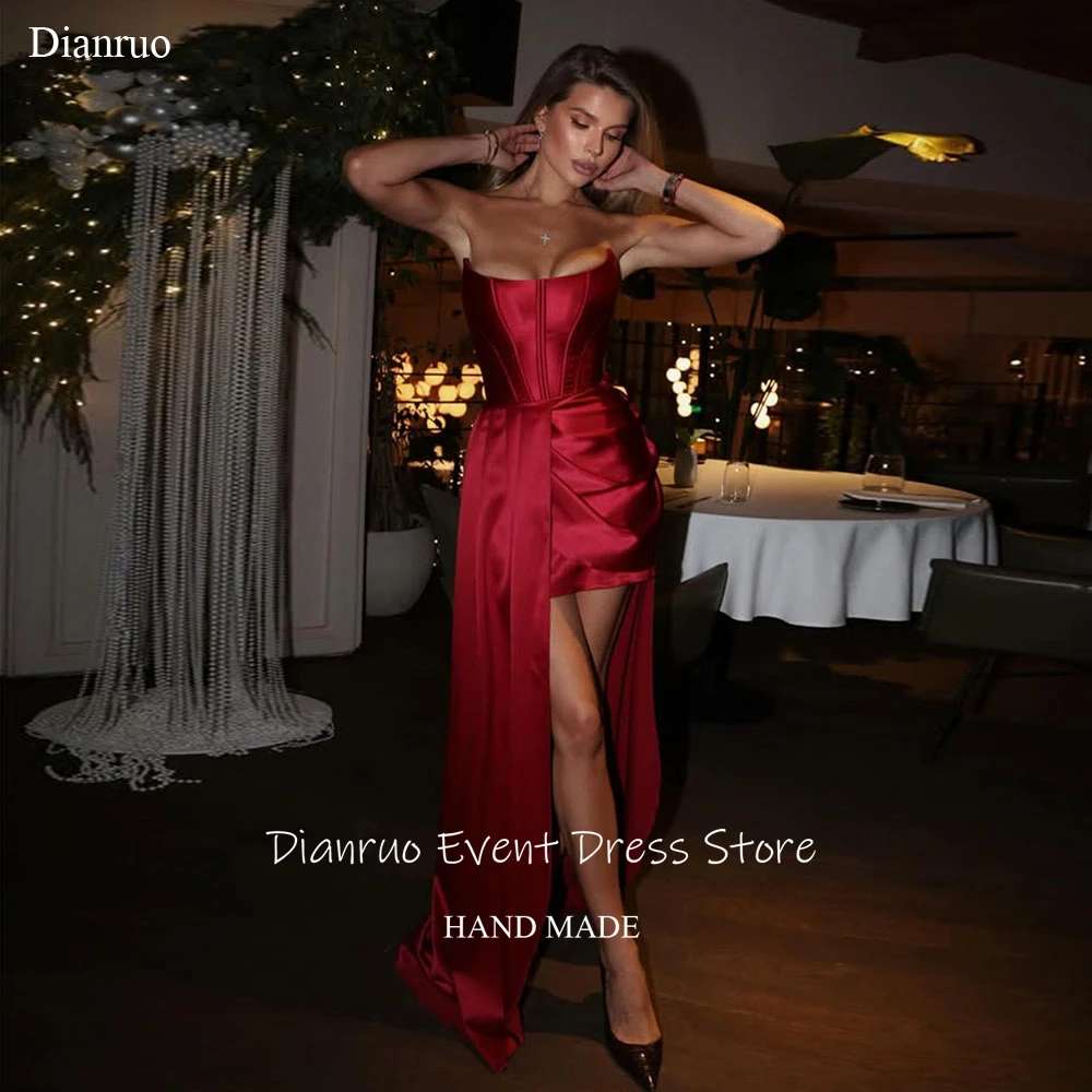 

Dianruo Sleeveless Pleated Prom Dress Lace Up Back Mini Cocktail Dresses Burgundy High Low Hem Homecoming Dresses Customized