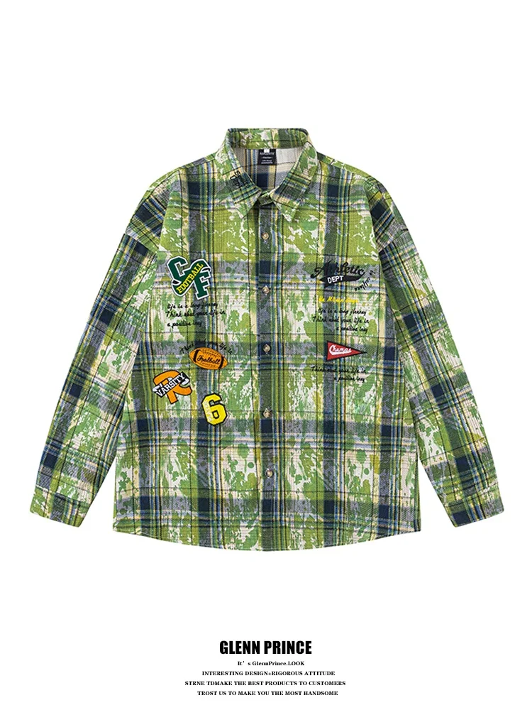 

Мужская рубашка GPstudio в американском стиле, с вышивкой, тай-дай, в клетку, длинный рукав, весенний новый дизайн, уникальный свободный крой, полиэстер...