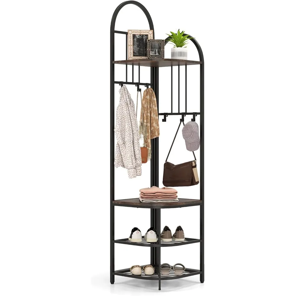 

Corner Hall Tree, 71 Inch Tall Entryway Coat Rack with Shoe Bench & 4 Storage Shelves, 6 Movable Hooks, Freestanding