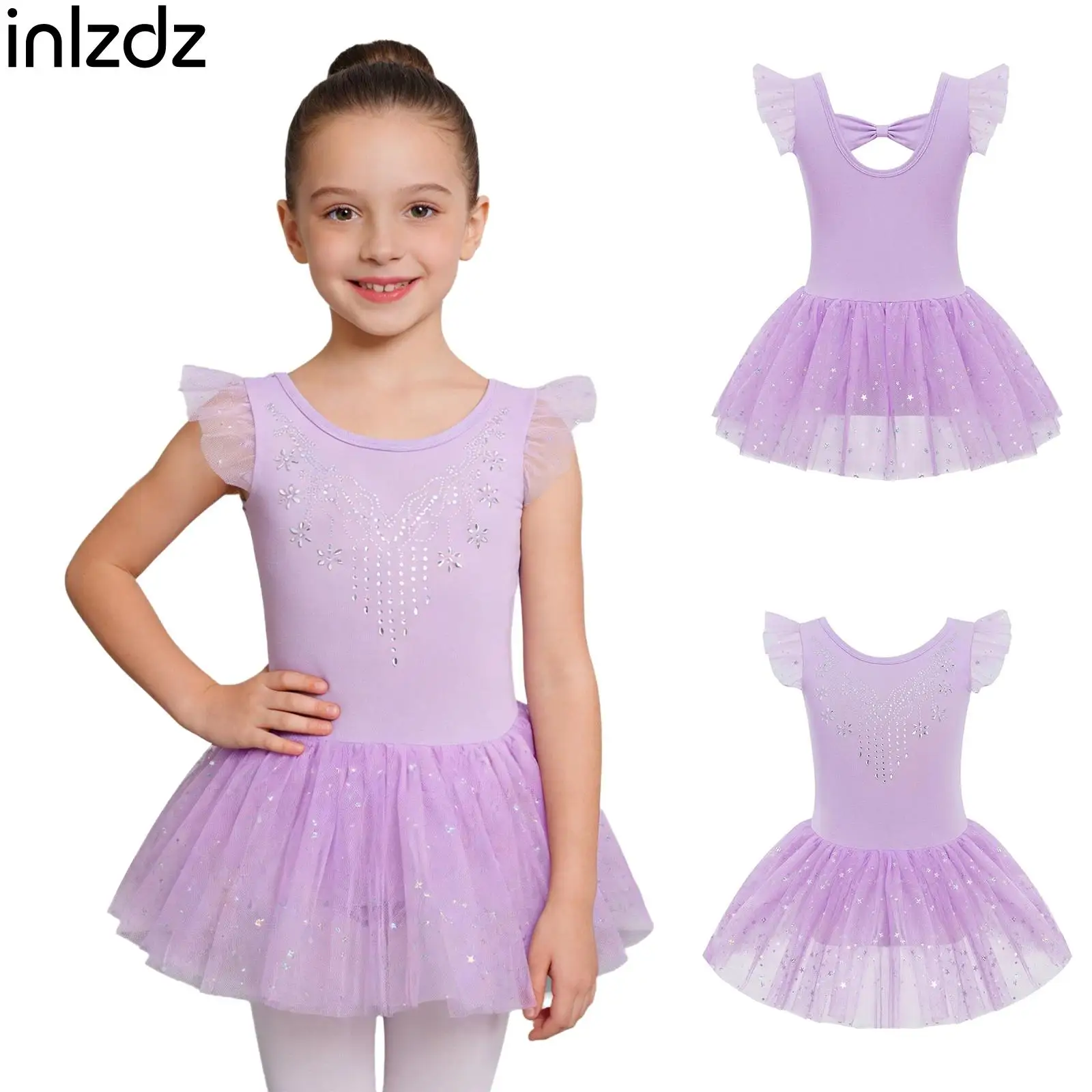 

Girls Ballet Dress Ballet Gymnastics Leotard Ruffle Sleeves Bow Back Rhinestones Bodice Sequins Tulle Dress Ballerina Dancewear