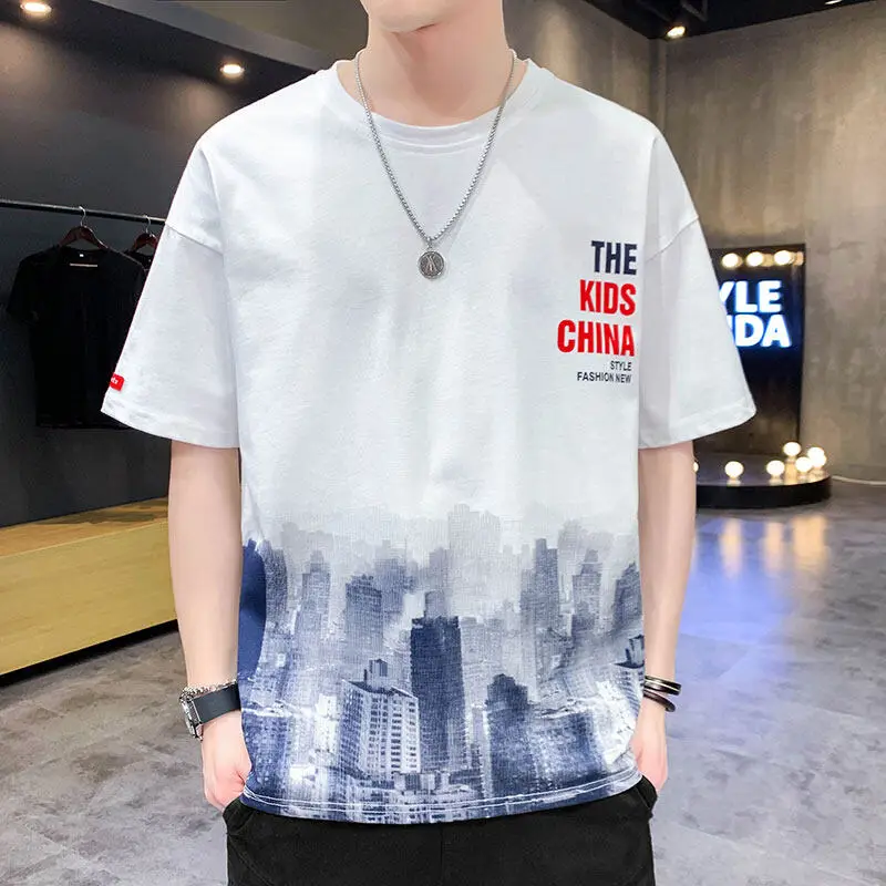 

Men's Summer Round Neck Pullover Letter Printed Gradient Abstract Undershirt Short Sleeve Casual Sports Loose T-Shirts Tops