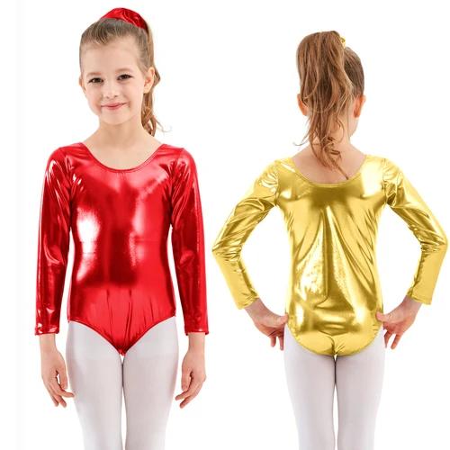 Imagen 2 del producto AOYLISEY-leotardos metálicos brillantes para baile de Ballet para niñas, Body de gimnasia de manga larga, mamelucos dorados, disfraz de licra, ropa para niños
