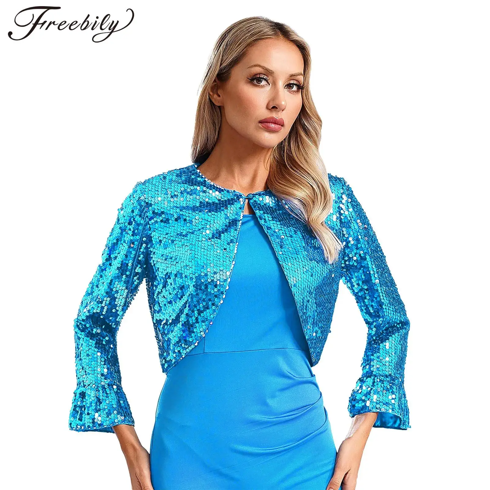 

Fashion Women's Bolero Shrug Glittery Sequin Jacket Long Sleeve Coat Outerwear for Cocktail Party Club Wedding Formal Occasions