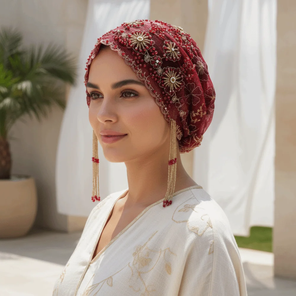 

Shiny Beads Turban Hat Long Tassel Sheer Mesh Fishtail Cap Elastic Band Flower Embroidery Beaded Bonnet Ethnic Festival