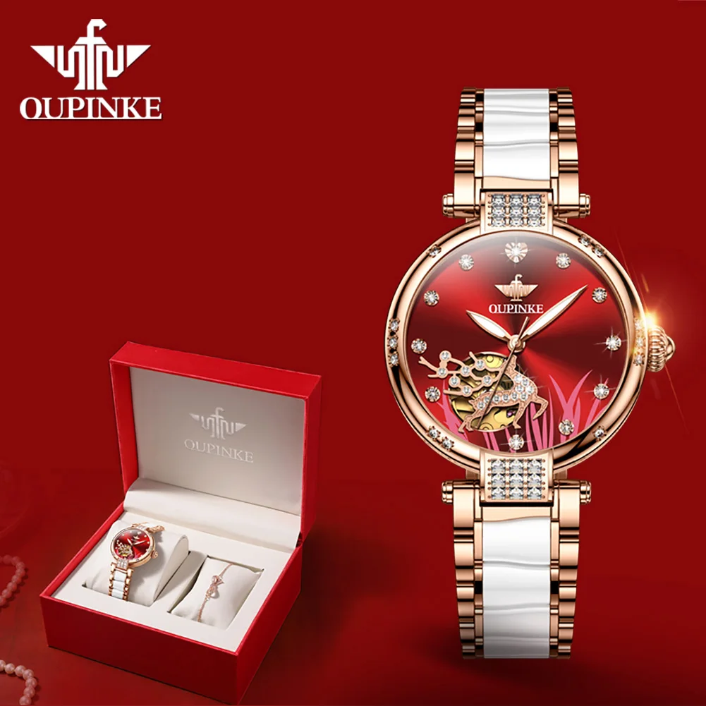 OUPINKE Diamond Deer Design Automatic Watch for Women Imported Japan Mechanical Movement Watch Sapphire Mirror Ceramic Strap