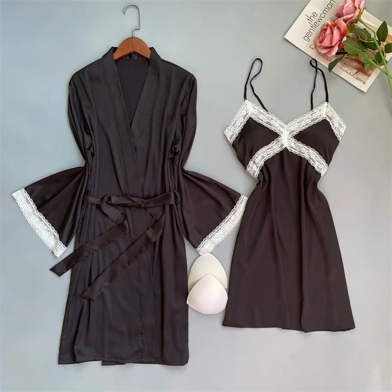 

Lace Satin Patchwork Sexy Women Kimono Robe Set Intimate Lingeire Casual Long Sleeve Home Clothing Black Bathrobe Gown