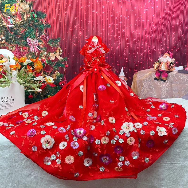 

Luxury Handmade Tailored Wedding Pet Dress - Long Train Bow Tie Outfit for Dogs Cats, Photography Birthday Party Memorial Gift