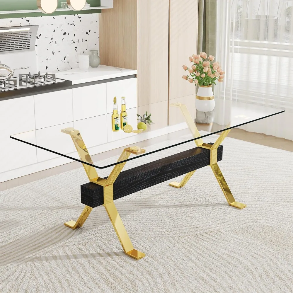 Rectangular Dining Table with Tempered Glass Tabletop,Modern Dinner Desk W/Metal Tubular Legs and Black Crossbars,Office,Gold