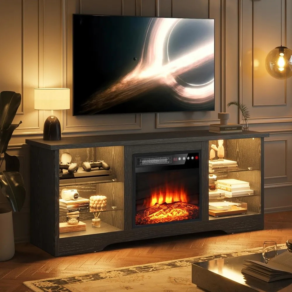58 Inches Fireplace TV Stand for TVs up to 65 Inches Console with 18'' Electric Fireplace & Remote Wooden Modern