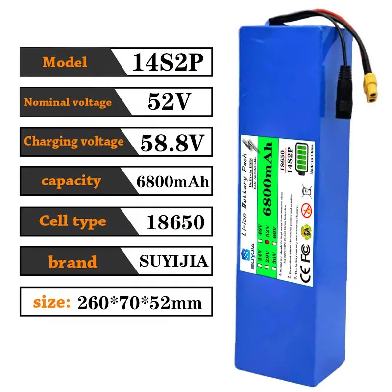 Batterie Li-ion 52V 6800mAh Avec BMS, 14S2P, Batterie 1500W Intégrée Pour vélos, Scooters, Motos + Chargeur 58,8V2A