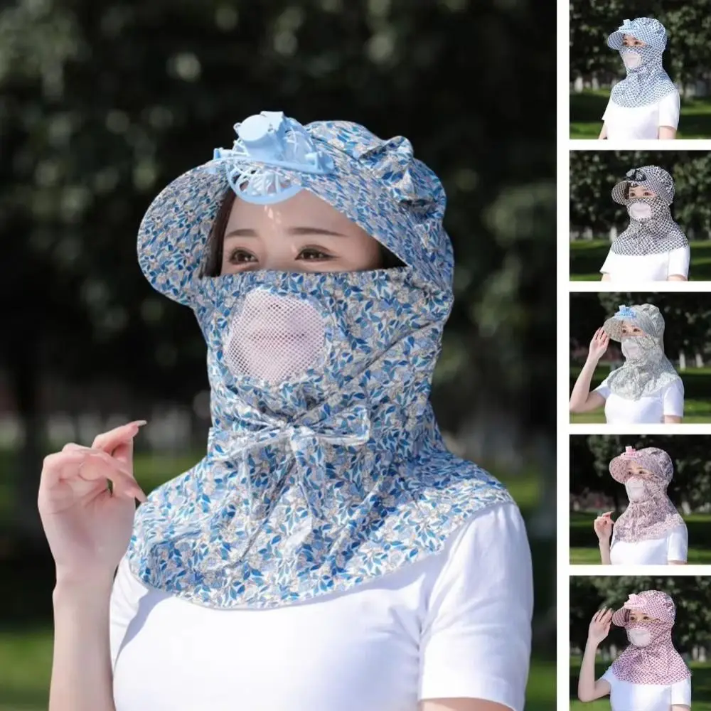 

New Large Brim Fan Camping Hat Breathable with Electric Fan Face Hood Hat Anti-UV Full Face Camping Cap Women