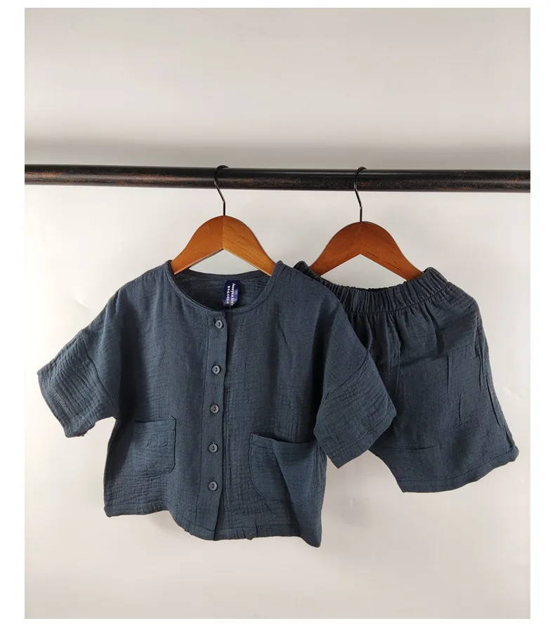 2024 New Summer Children Cotton Linen Clothes Set Solid Boys Casual Short Sleeve Shirts + Shorts 2pcs Suit Kids Baby Outfits