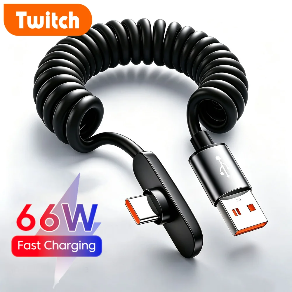 Twitch 66W USB C Cable Retractable Fast Charging Cable Type C to USB A Spring Data Cable for Car Home Gaming
