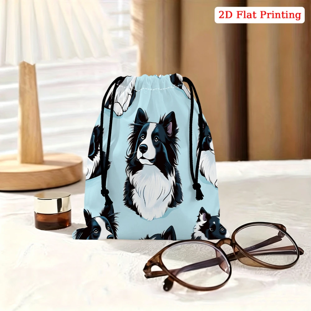 1pc Cartoon Style Drawstring Bag Light Blue Border Collie Dog Print Storage Small Pouch For Travel Cosmetics Glasses Organizer P