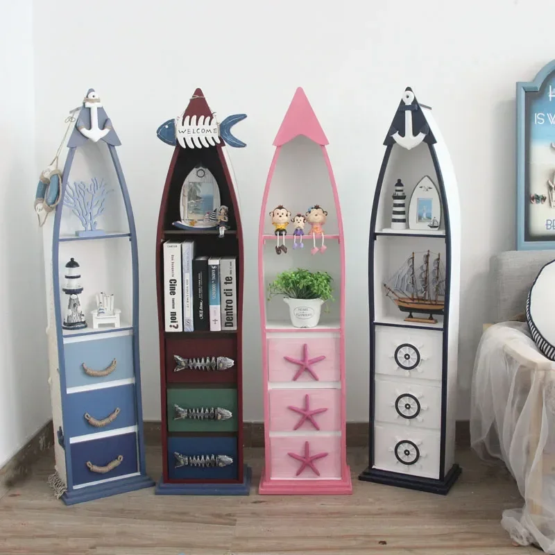 Creative Simple Storage Storage Narrow Cabinet Mediterranean Bedside Table Living Room Bedroom Solid Wood Boat Cabinet