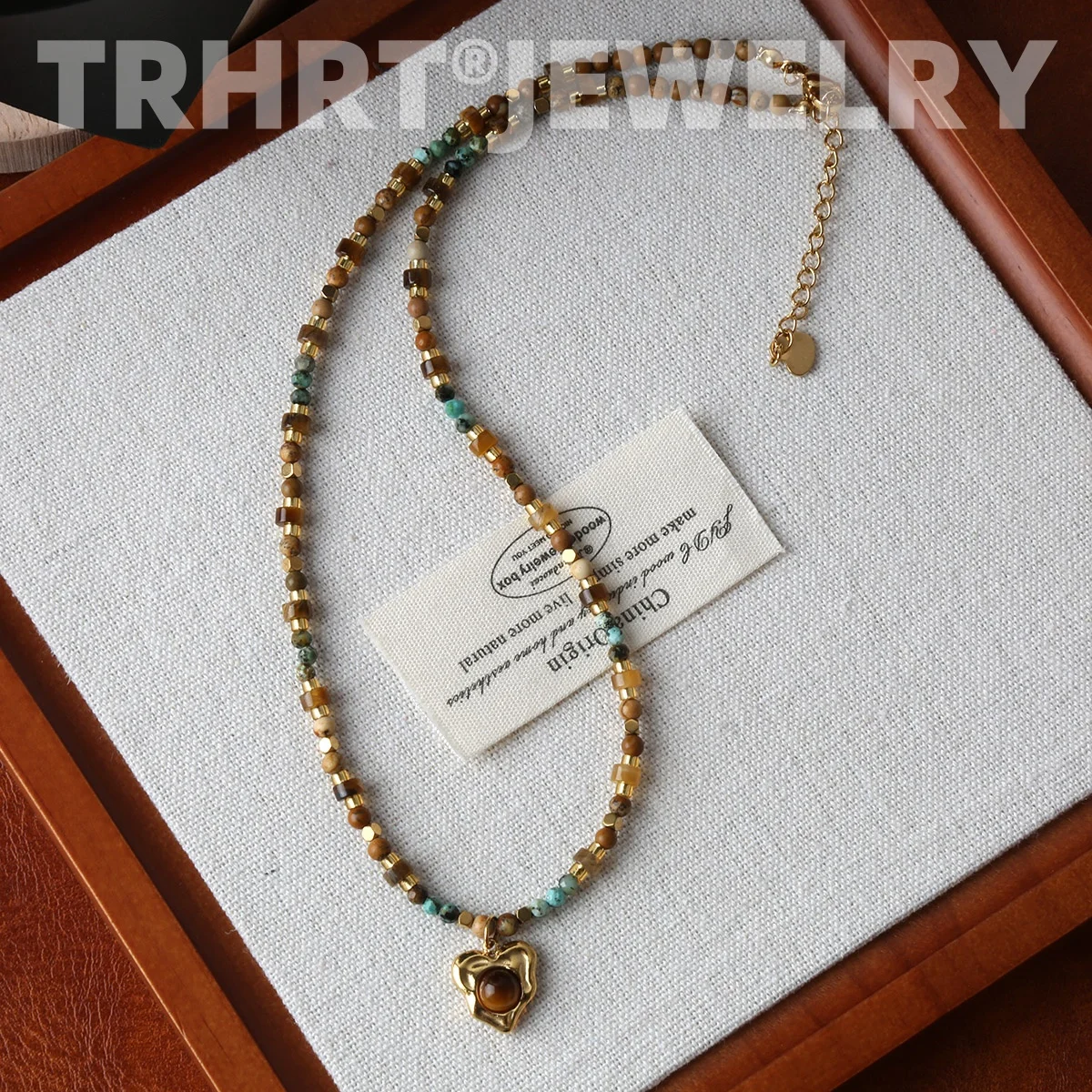 Natural Stone Beads Heart Pedant Chain Trendy Handmade Necklace Golden Summer Stainless Steel Jewelry