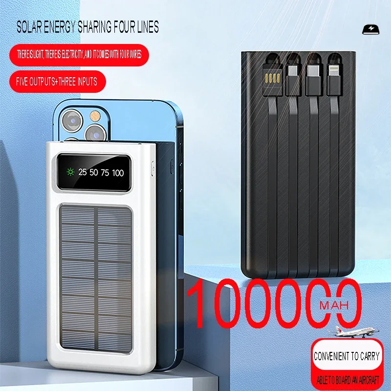 100000mAh Ultra-Large Capacity Power Bank Solar Charging Power Bank Comes With Four Wires Suitable For Samsung Apple Huawei