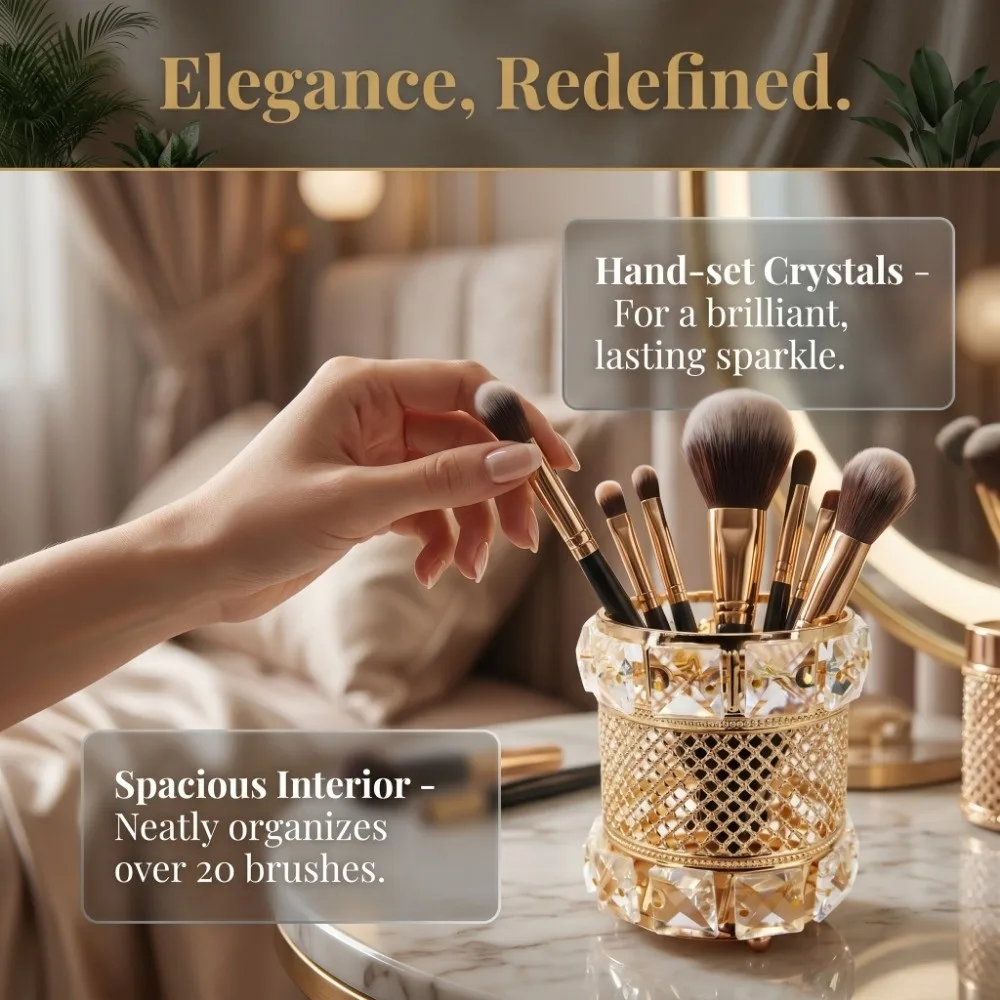 Boîte de rangement dorée pour pinceaux de maquillage, organiseur de stylos luxueux en cristal, boîte de rangement cosmétique élégante et brillante, cadeaux