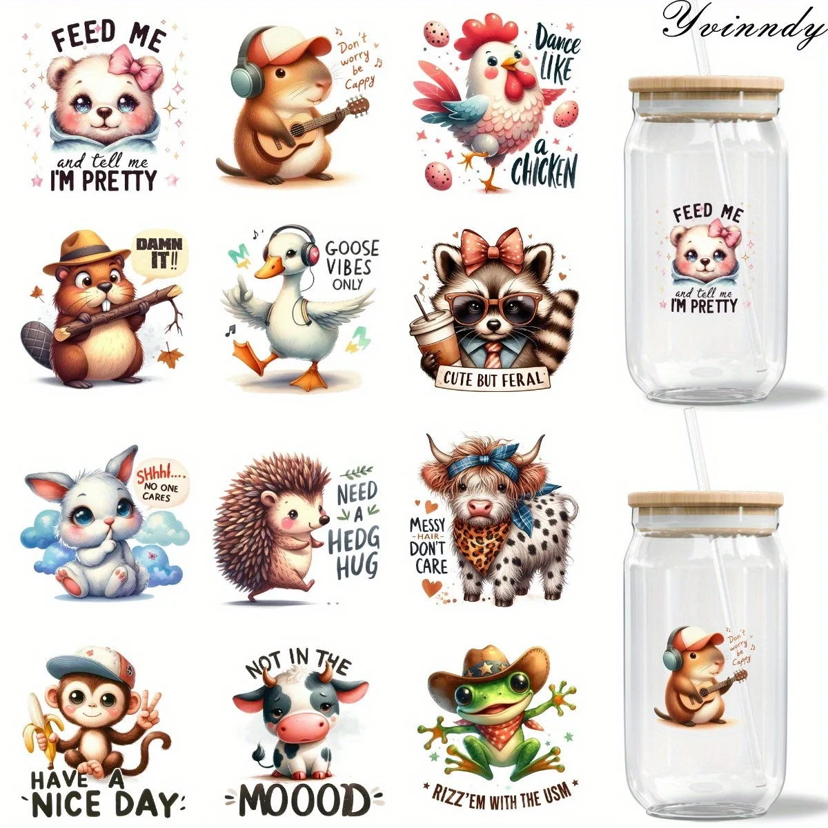 12Pcs/Set Humorous Animal Quotes Glass Jar UV DTF High Self-Adhesive Transfer Paper Is Suitable For Decorating Cups And Bottles
