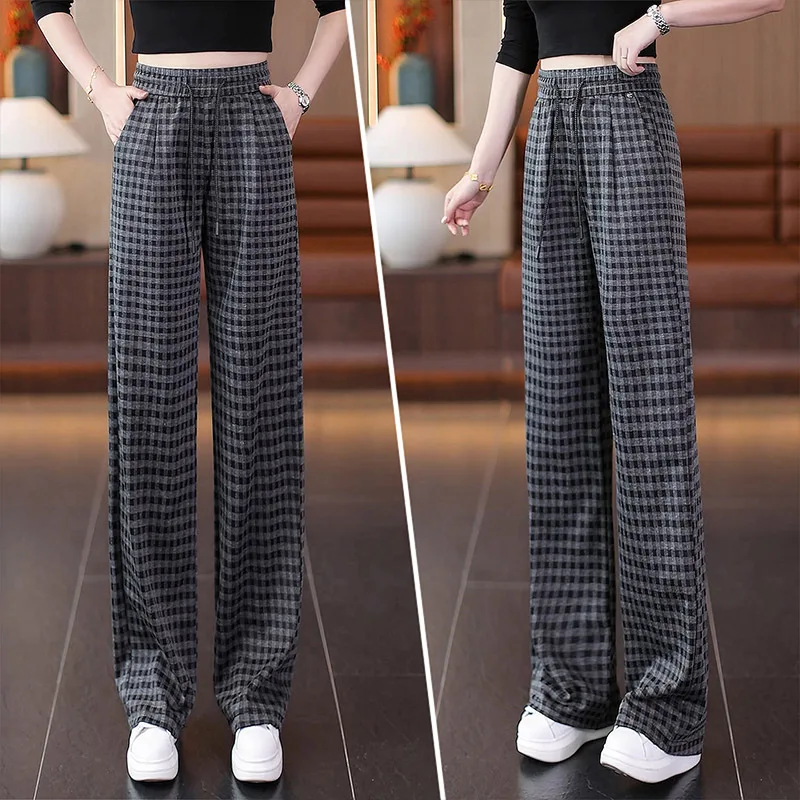 กางเกงขายาวลายสก็อตสำหรับผู้หญิง รุ่นใหม่สำหรับฤดูใบไม้ผลิและฤดูใบไม้ร่วง เอวสูง ทรงหลวม ช่วยพรางหุ่น กางเกงขายาวทรงยาว ขอบเอวยางยืด ลายเส้นเล็ก