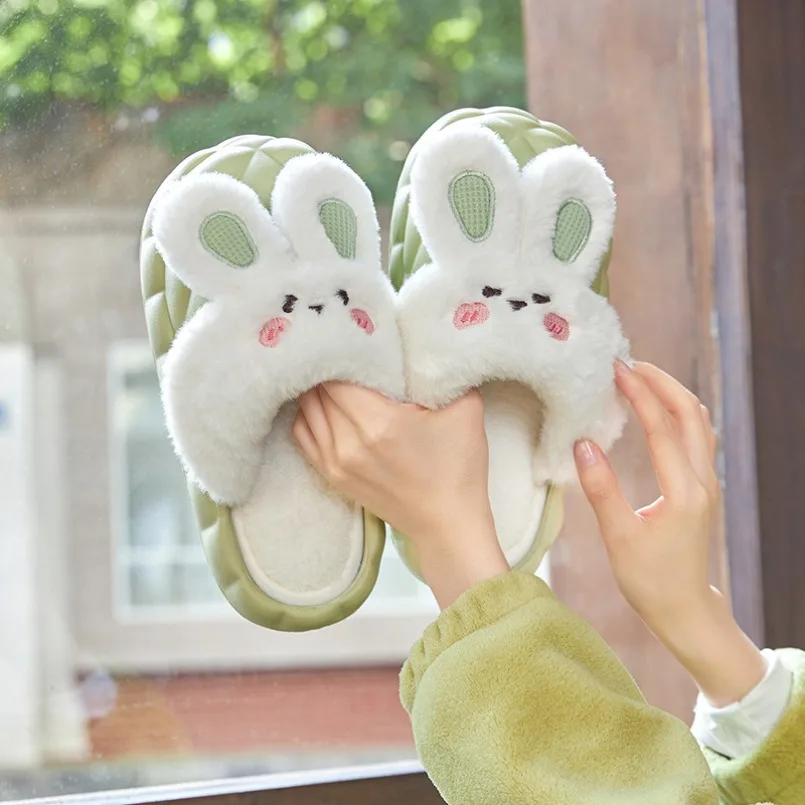 

Home Fuzzy Slipper Women Cartoon Rabbit Winter Warm Fur Contton Plush Non Slip Grip Indoor Lazy Female Floor Shoe Flat Furry