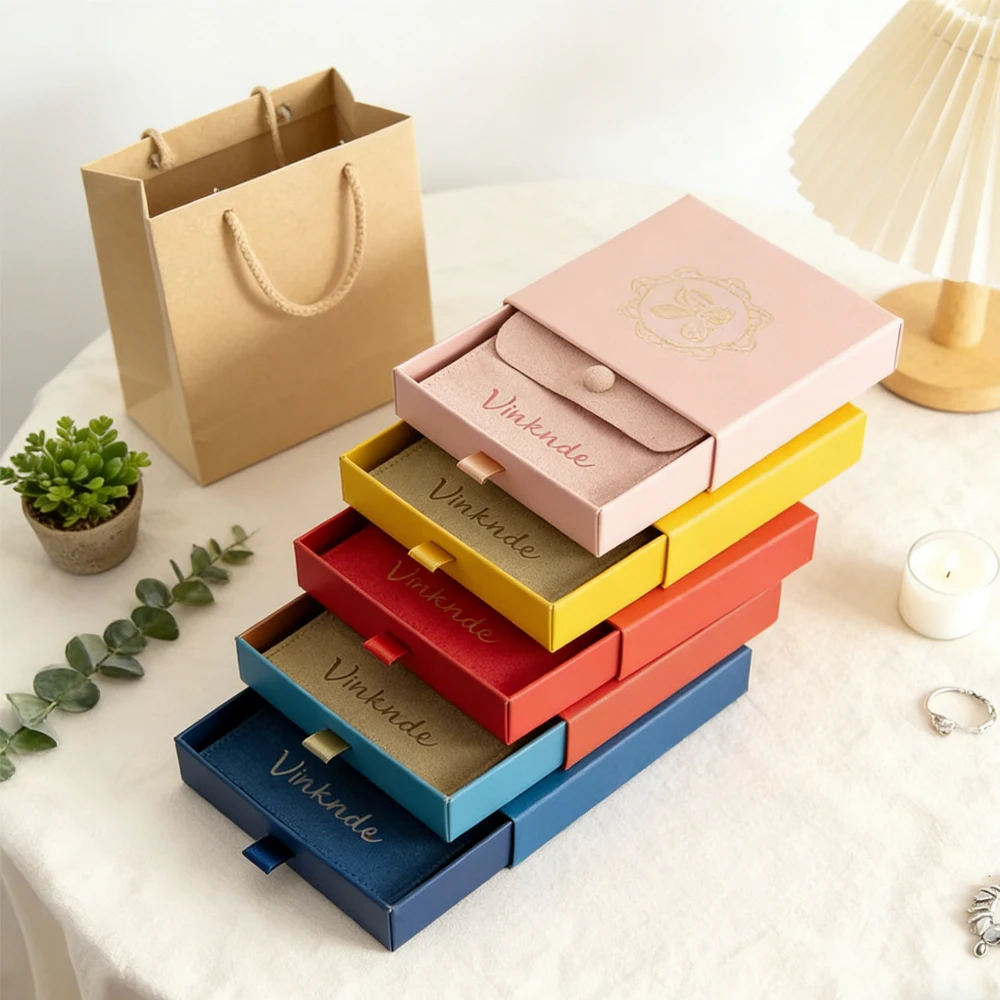 

24/50/100 шт. Упаковочные коробки-слайдеры с индивидуальным логотипом для наборов украшений (колье, кольца, серьги), мешочки из микрофибры на кнопке для ювелирных изделий