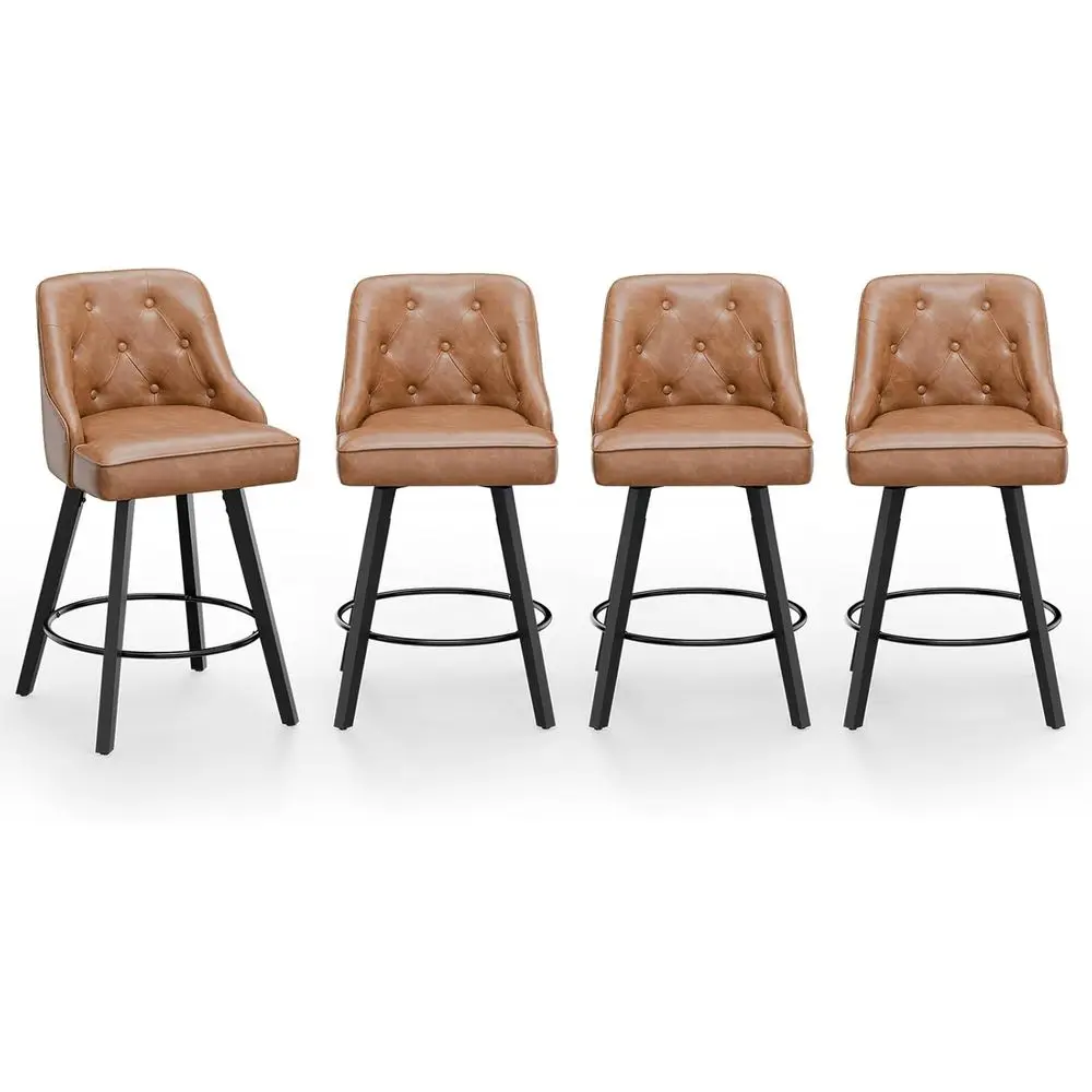 Set of 4 Brown PU Leather Swivel Bar Stools with Cushion, Back Support, and Solid Wood Legs for Kitchen Counter Height