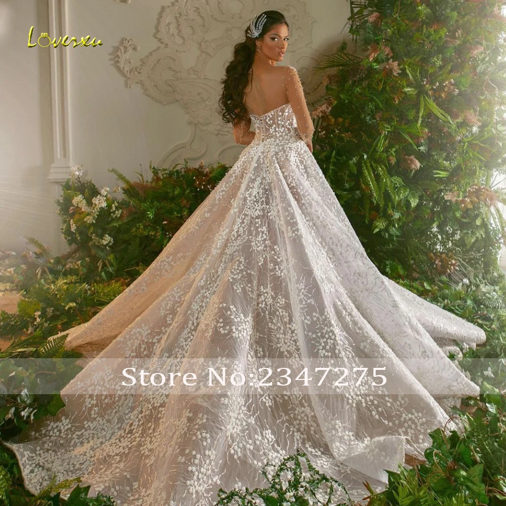 Loverxu A-Line Romantic Wedding Dresses Scalloped Long Sleeve Vestido De Novia Lace Embroidery Beaded Custom Made Bridal Gown