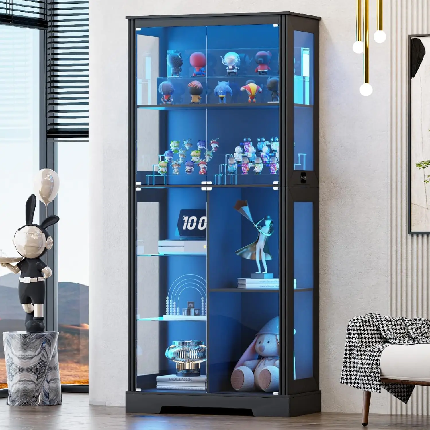 Vitrina de 71 pulgadas con puertas de vidrio, vitrina moderna con luces de 3 colores, vitrinas de vidrio de 7 niveles para coleccionables