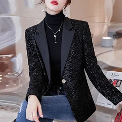 Spring Women Sequined Small Blazer Feminino Shining Pockets Long Sleeve Outerwear Vintage Female Casual Office Lady Work Tops