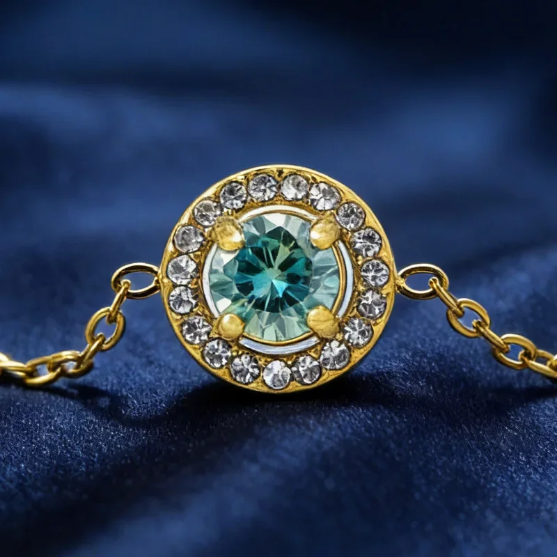 

1pc 0.5Carat Classic Round Cut Turquoise Moissanite Golden Bracelet with Fashionable Design, Exquisite and Luxurious.