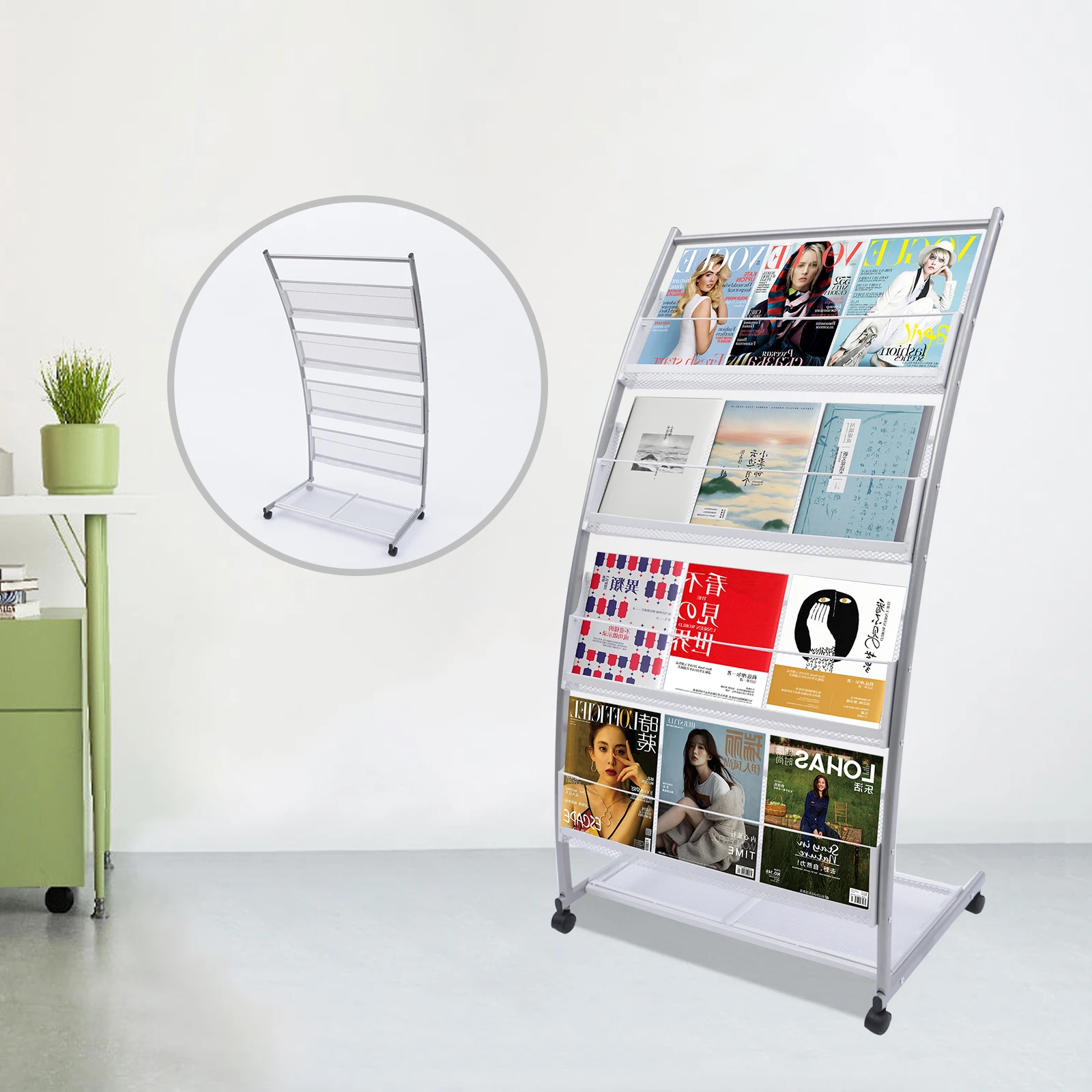 Floor-Standing Magazine Rack, Brochure Display Stand with 4 Pockets for Trade Show Exhibitions Office Retail Store with casters